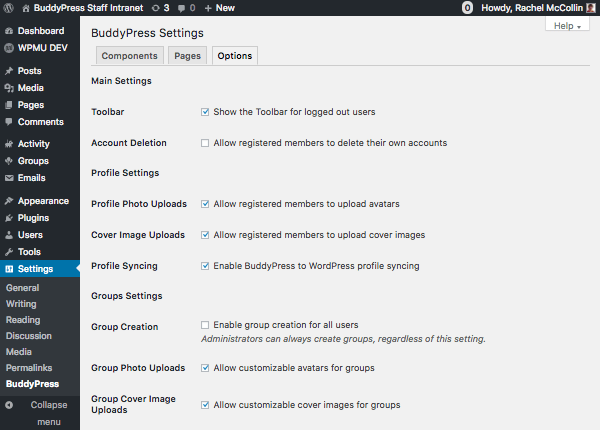 BuddyPress options screen