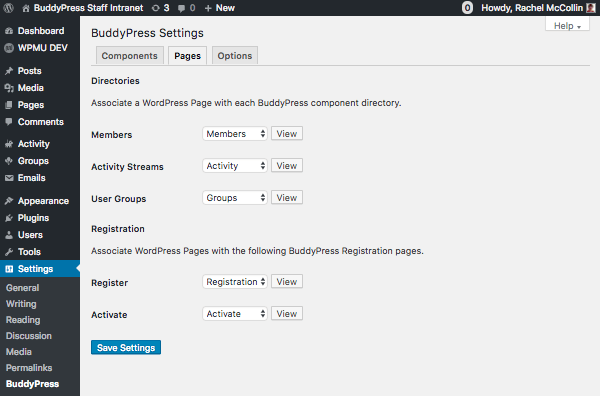 BUddyPress pages settings screen