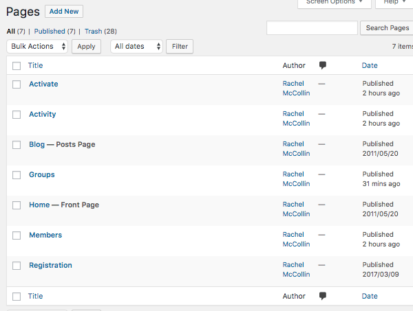 WordPress pages admin screen