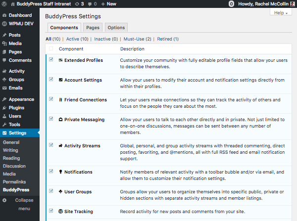 BuddyPress components screen