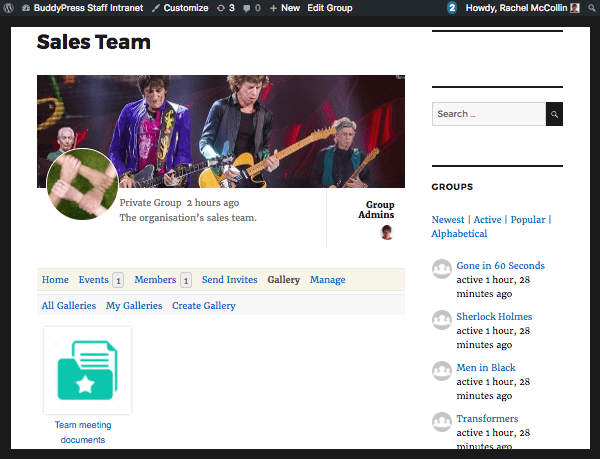 BuddyPress group screen with gallery