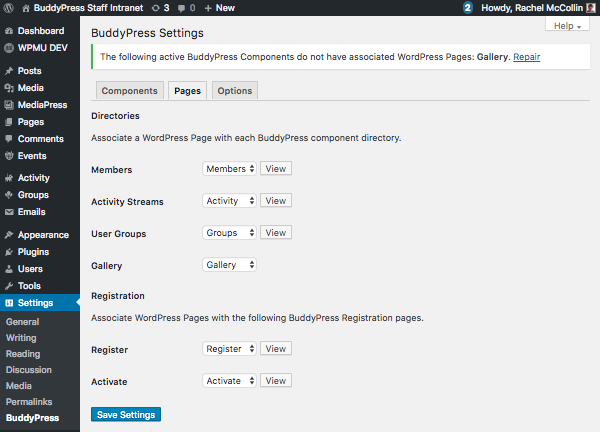 Pages settings in BUddyPress