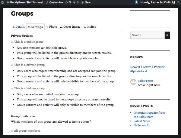 The BuddyPress group settings screen