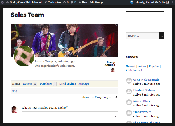 BuddyPress group screen with Events link added