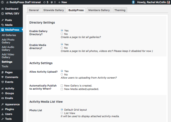 MediaPress BuddyPress settings screen