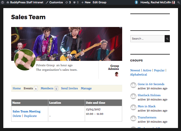 An event in the BuddyPress front end