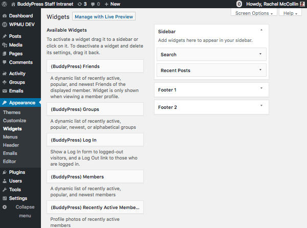 WordPress widgets screen