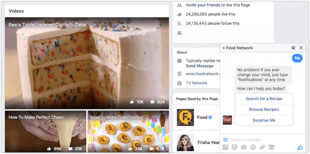 The Facebook Messenger chatbot on the Food Network's business page.