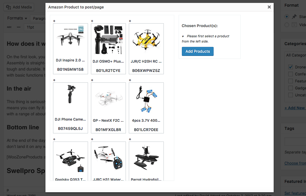 Choose Amazon product to add to your content