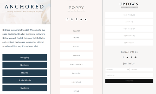 A screenshot of three different mobile-responsive landing pages for Instagram
