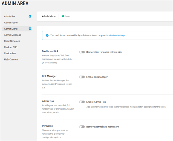 Branda Admin Menu settings screen