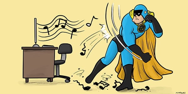 Dev Man punching WordPress autoplay music notes
