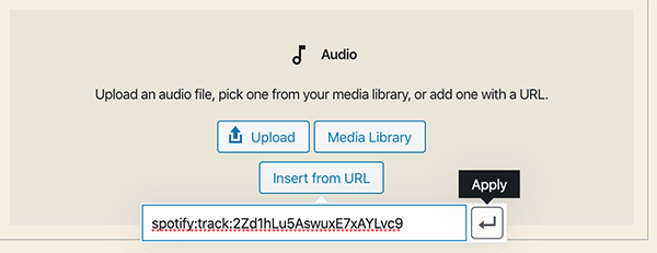 Adding a link for audio in Gutenberg.