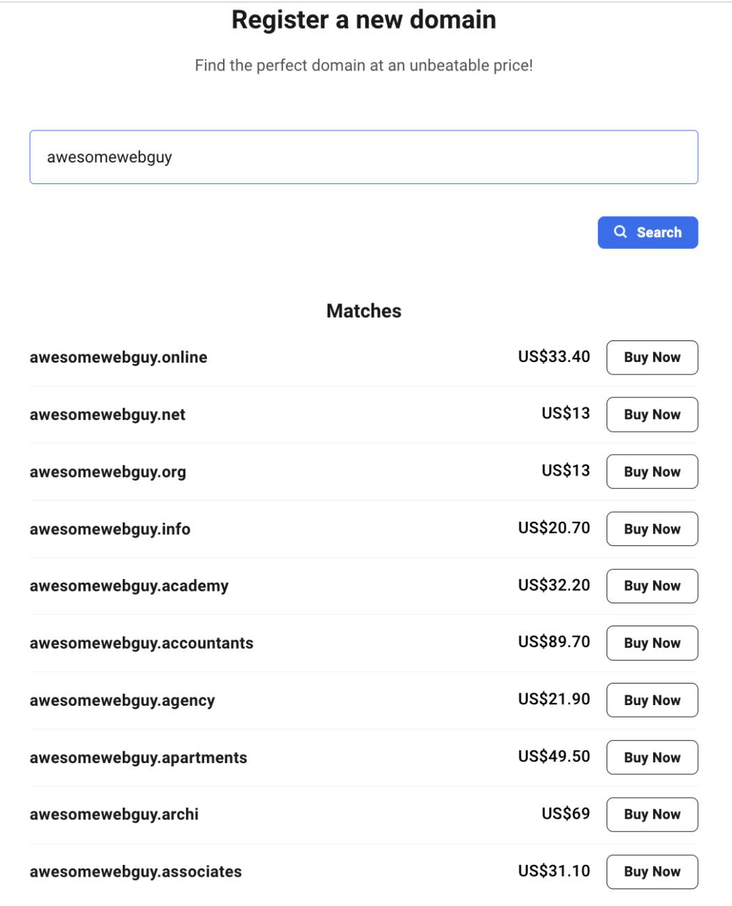 A list of available domains.