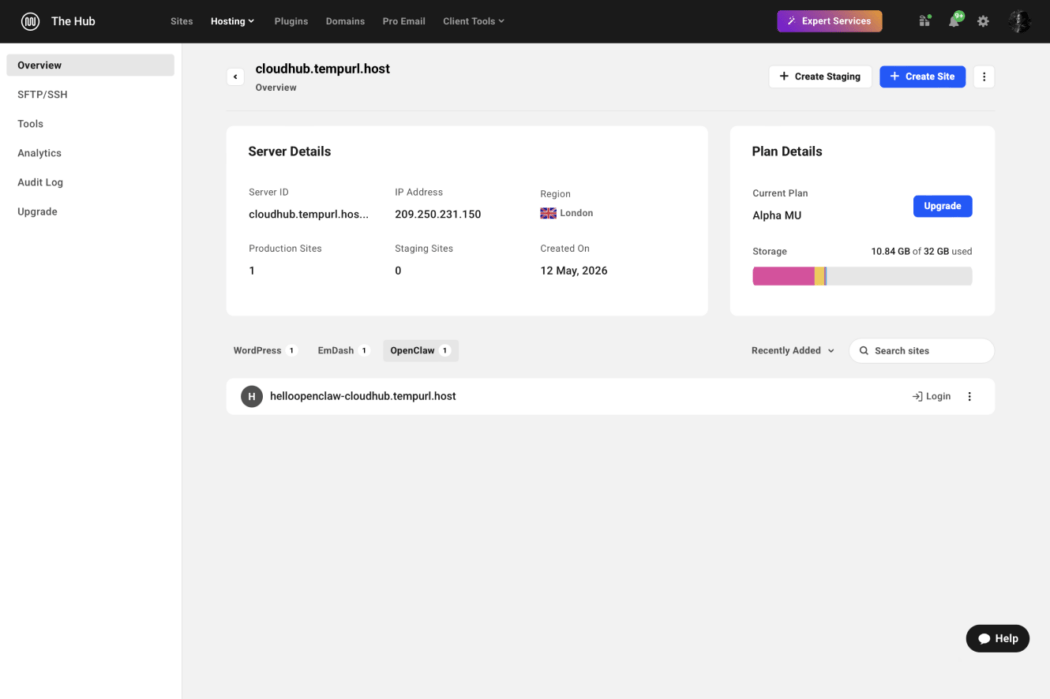 An OpenClaw site in the WPMU DEV Hub