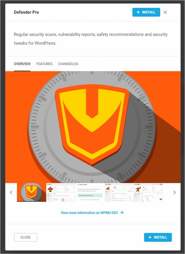 Defender Pro WordPress security plugin installation screen.