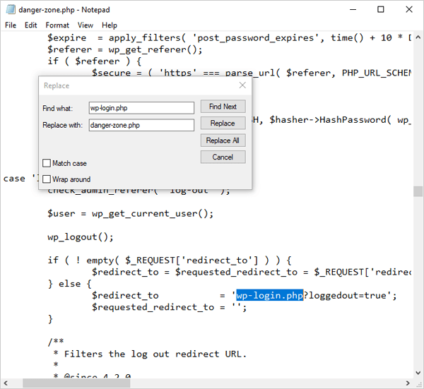Search and replace wp-login.php string