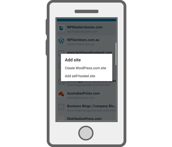 Illustration of mobile device with WordPress Mobile app 'add site' screen.