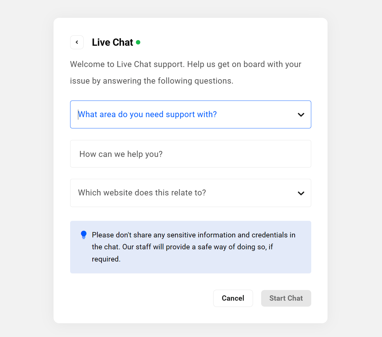 Fill in the live chat prescreen