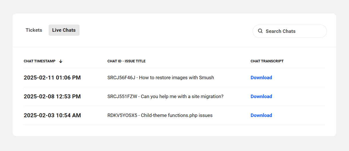 Live chats archive in the Hub